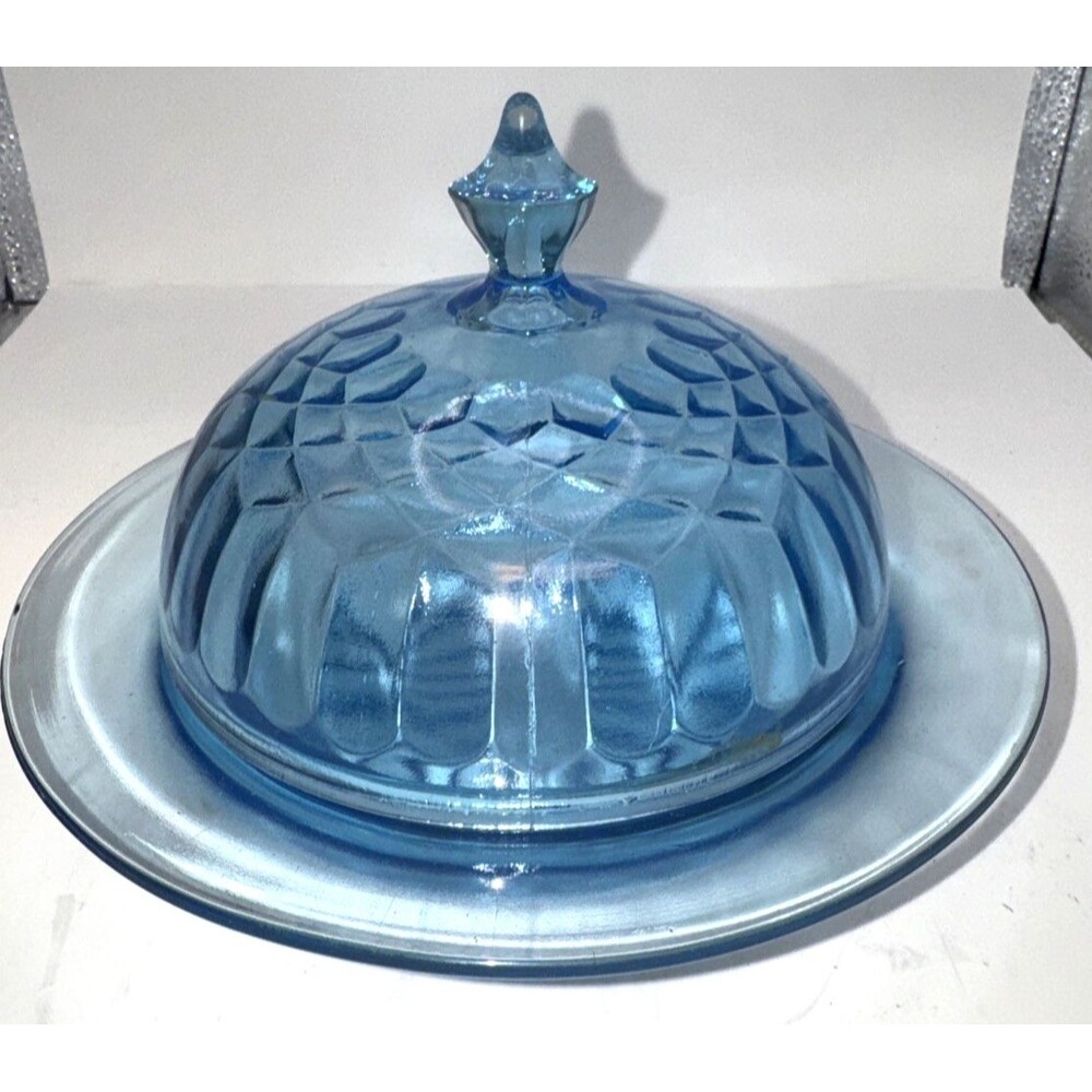 Aunt Polly Round Depression Glass Butter Candy Dish Vintage Blue U.S - Picture 4 of 7